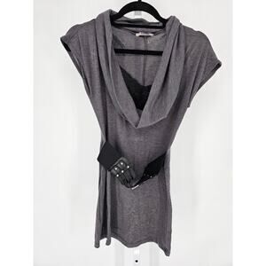 Vtg Y2K Timing Womens Sz M Mini Dress Belted Scoop Neck Taupe Black